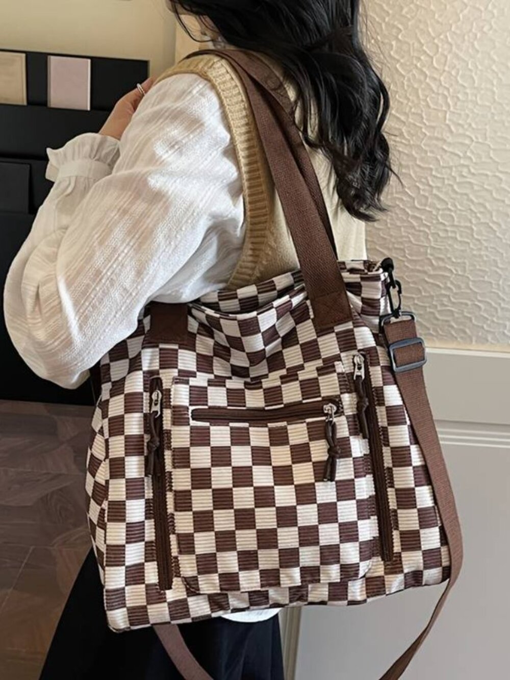Checkerboard Corduroy Tote Bag Versatile Large Capacity Shoulder Crossbody - Picture 6 of 9